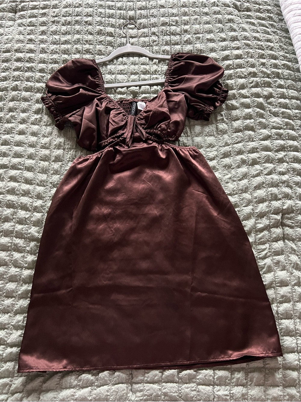 Satin Puff Sleeve Cutout Dress in Deep Burgundy